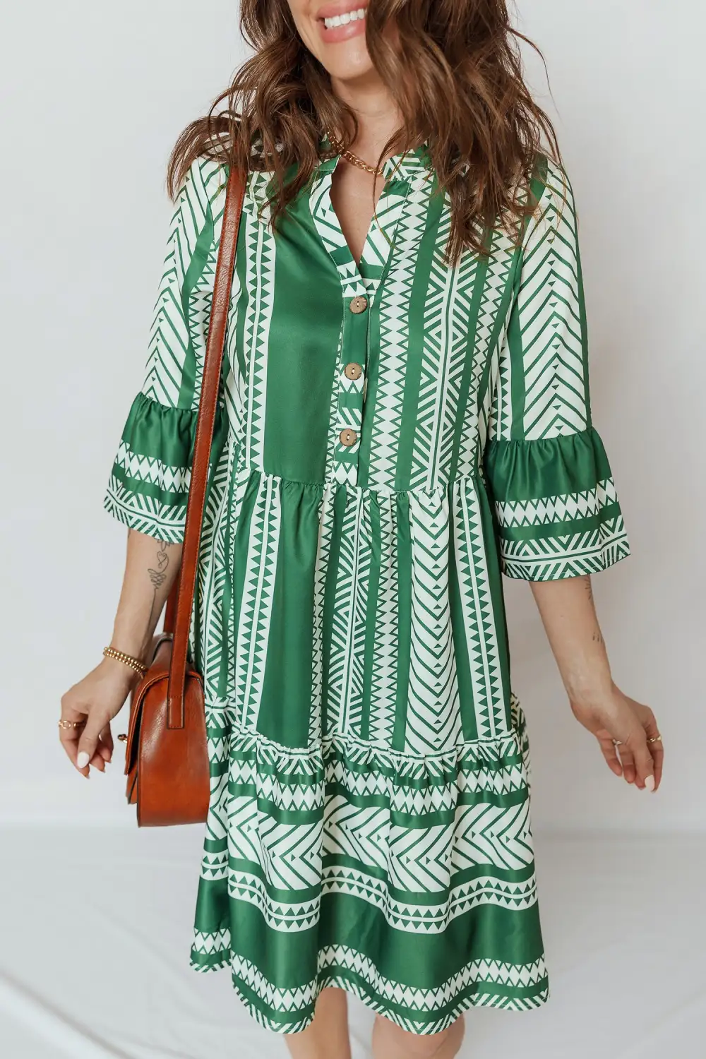 Boho Ethnic Print Half Button Sleeve Casual Dress