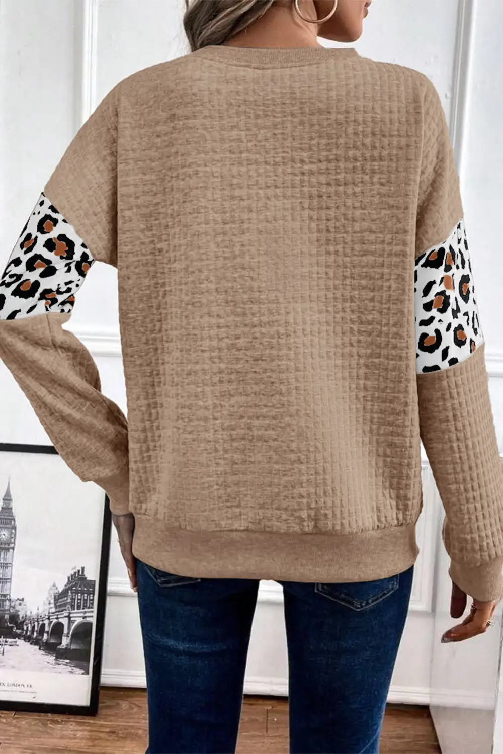 Leopard Print Patchwork Quilted Crewneck Sweatshirt