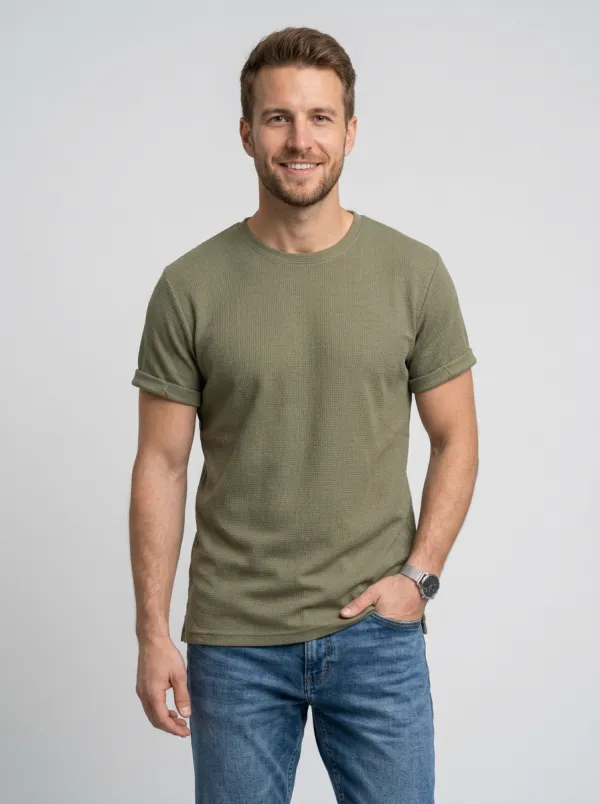 Men's Casual Olive Waffle Knit T-shirt and Blue Denim Jeans Set