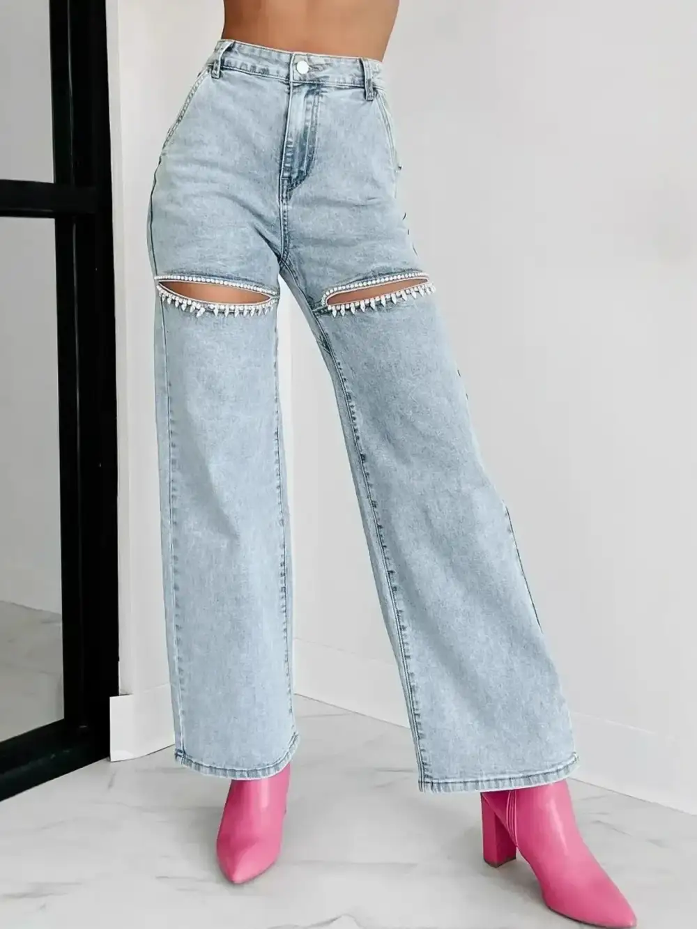 Ribbed Elastic Waist Denim Jeans
