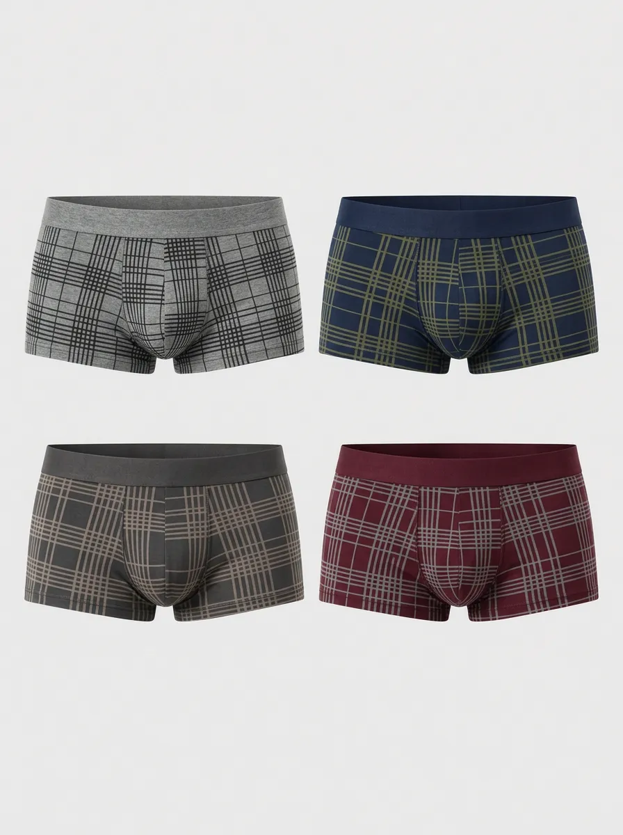 Men's Classic Plaid Pattern Printed Boxer Briefs 4-Pack