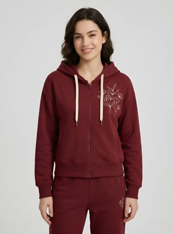 Women's Sage Green Floral Line Art Embroidered Zip-Up Hoodie Jacket & Straight-Leg Pants Set
