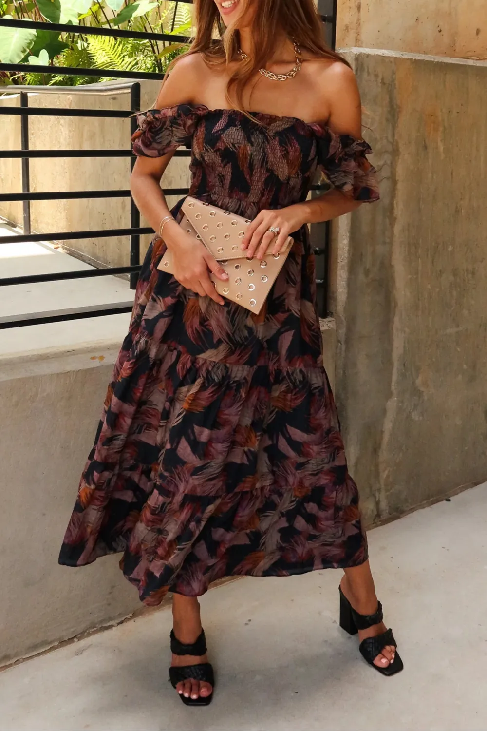 Tiered Print Off Shoulder Midi Dress