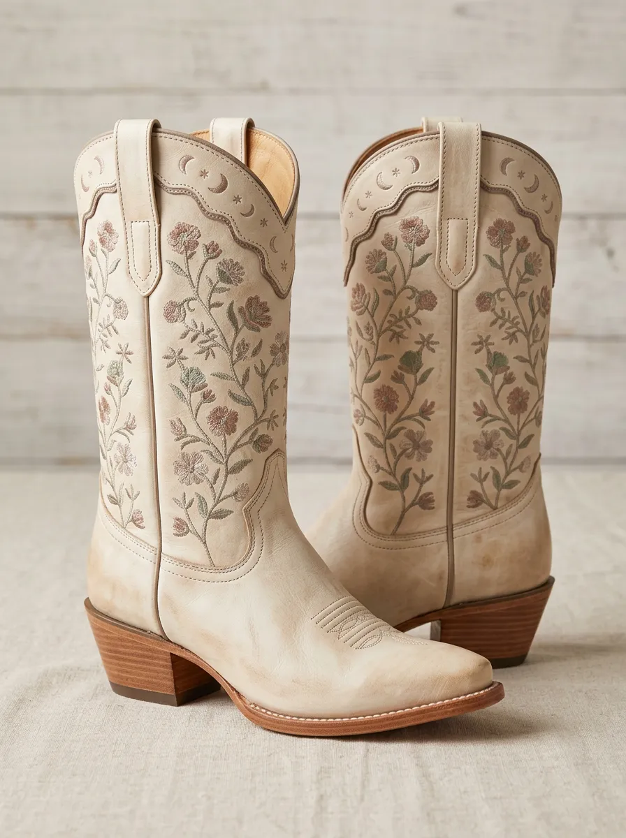 Prairie Floral Star Embroidered Heritage Look Unisex Western Cowboy Boots