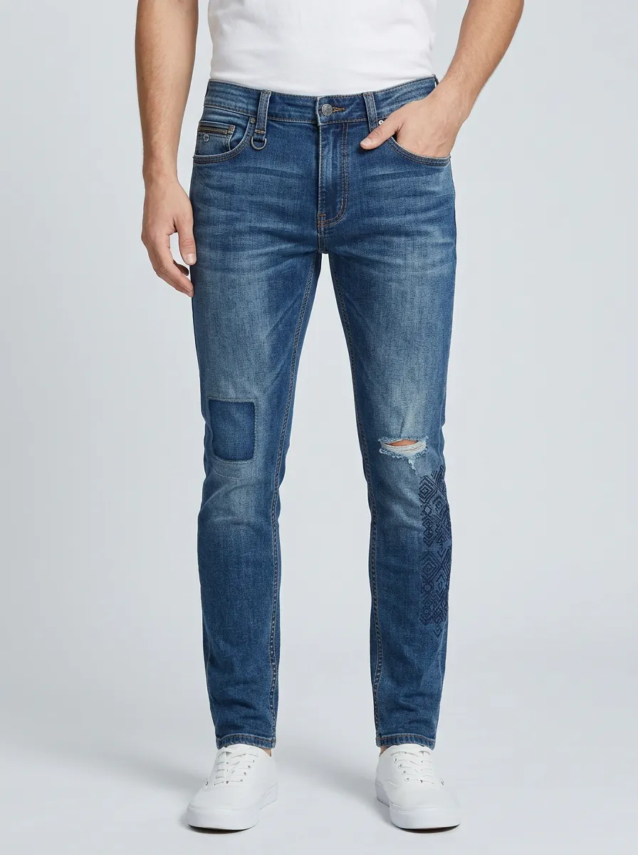 Men's Distressed Geometric Pattern Printed Slim-Fit Jeans