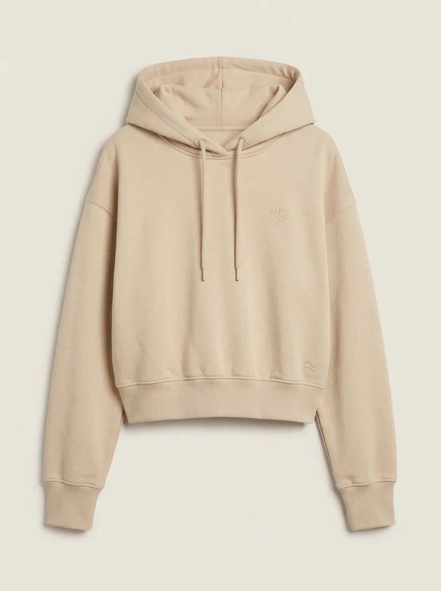 Women's Minimalist Beige Flower Embroidered Cropped Hoodie