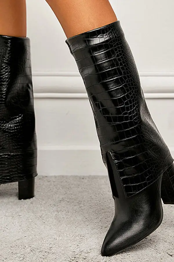 Stone Pattern Layered Design Pointed-Toe Boots