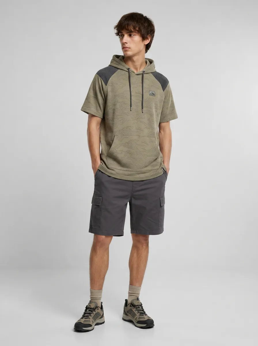 Men's Outdoor Tonal Topographic Contrast-Panel Short Sleeve Hoodie