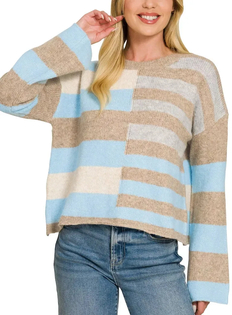 Lightweight Wool Blend Color Block Sweater