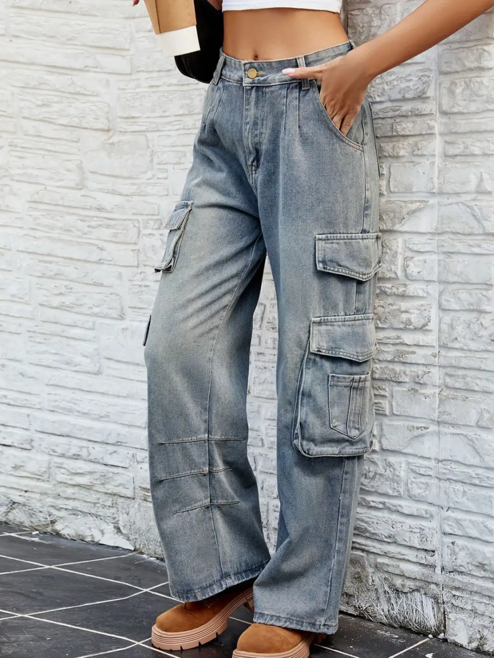 Washed Jeans Pocket Detail Denim