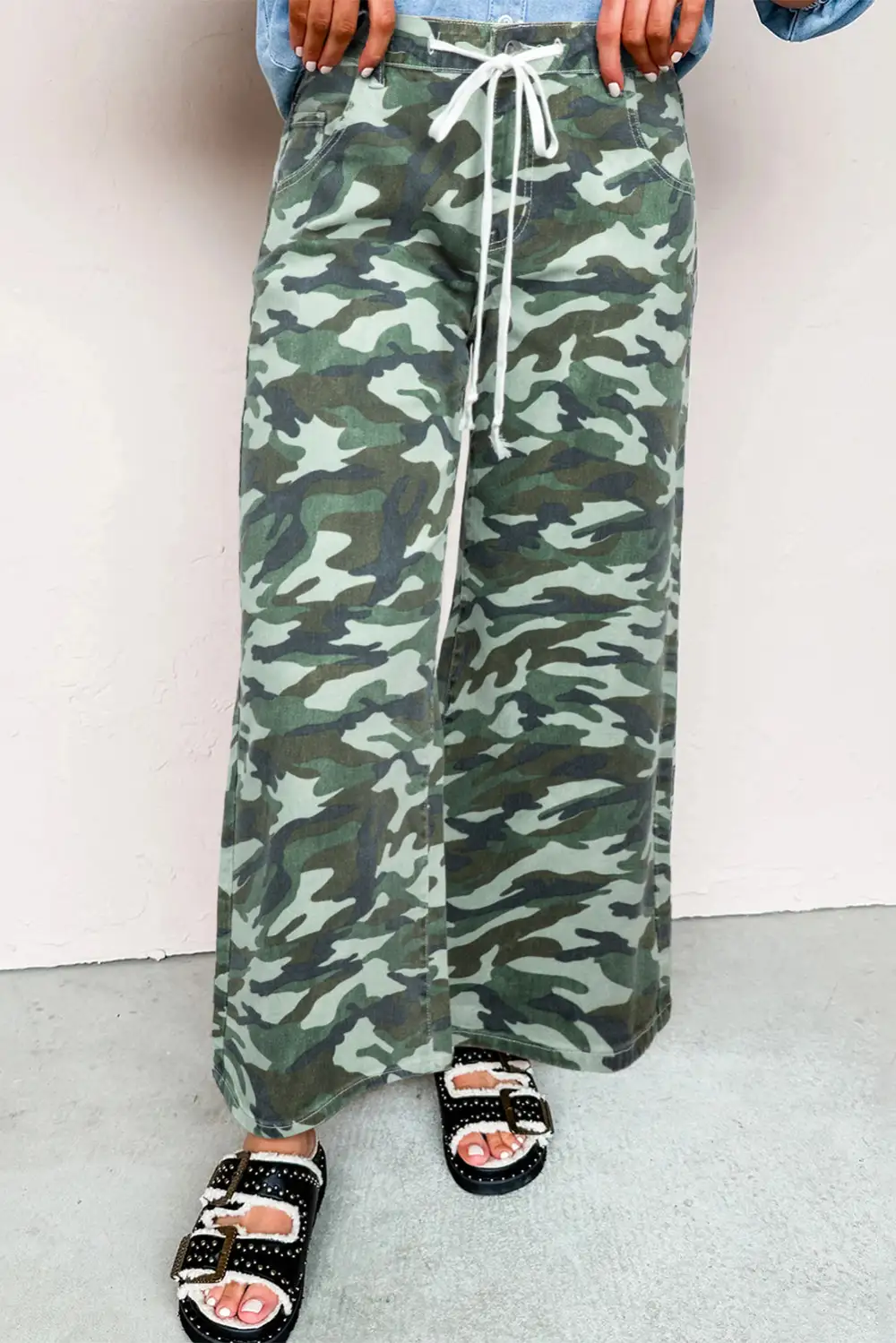 Women's Camouflage Print Wide Leg Drawstring Denim Pants