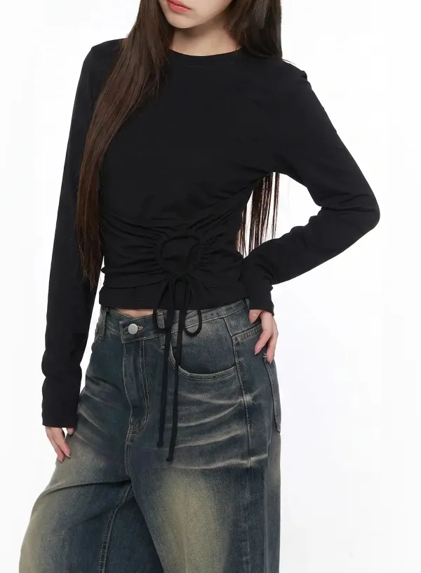 Ruched Drawstring Long Sleeve Top