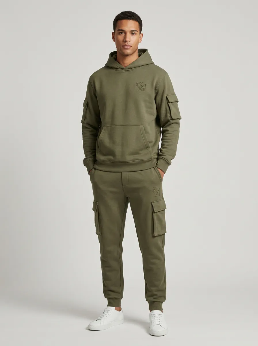 Unisex Minimal Graphic Olive Cargo Sports Set