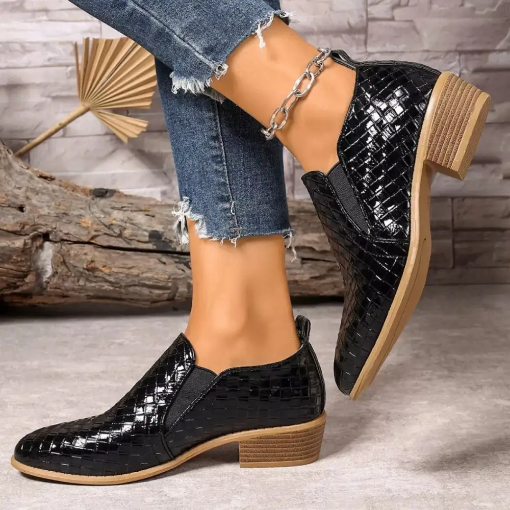Textured Pointed Toe Block Heel Ankle Boots