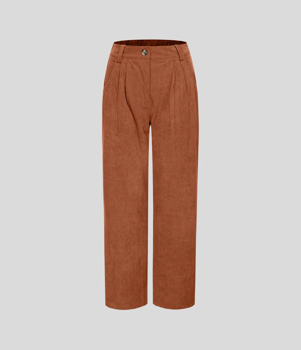 Mid Rise Button Zipper Side Pocket Corduroy Casual Pants