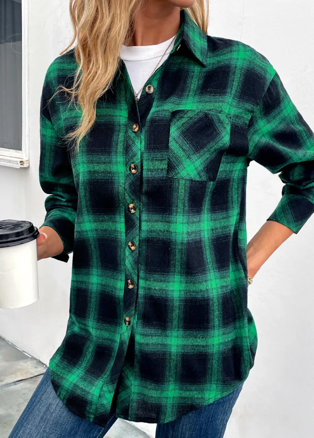 Green Button Plaid Long Sleeve Shirt Collar Coat