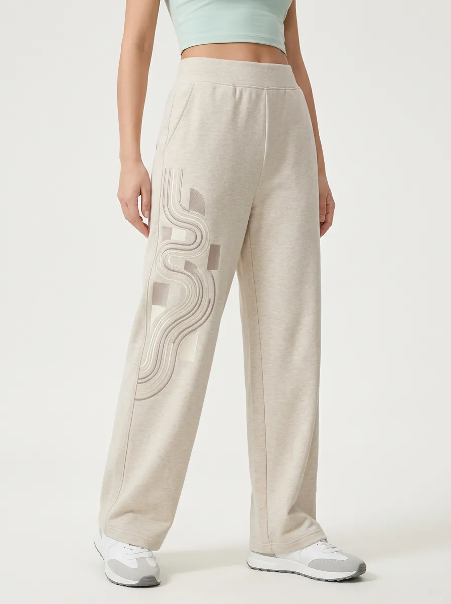 Women's Beige Heathered Abstract Wave Wide-Leg Sweatpants