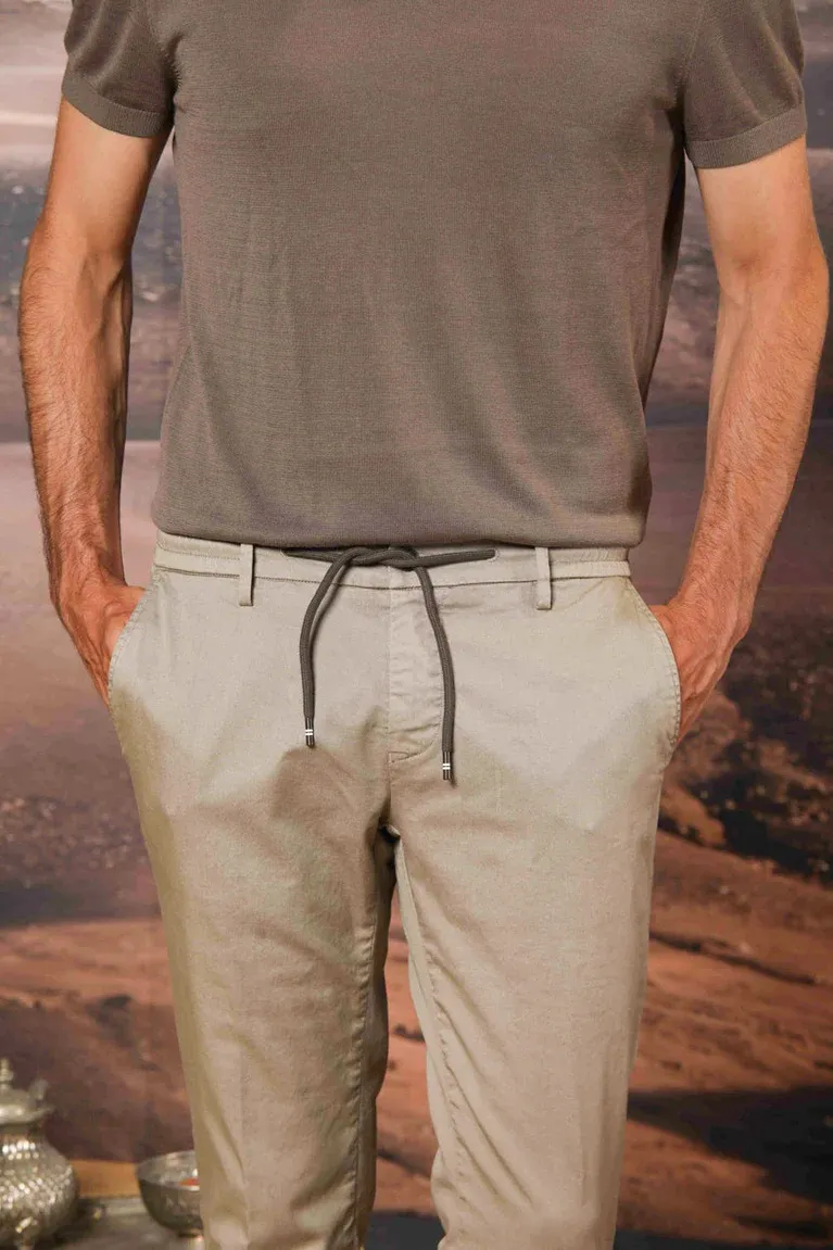Men's Dove Gray Cotton Twill Elastic Waist Slim Fit Trousers