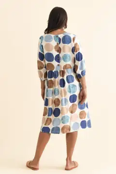 Knee-Length Spot-Print Cotton Gathered Pocket Round-Neck Half-Sleeve Dress