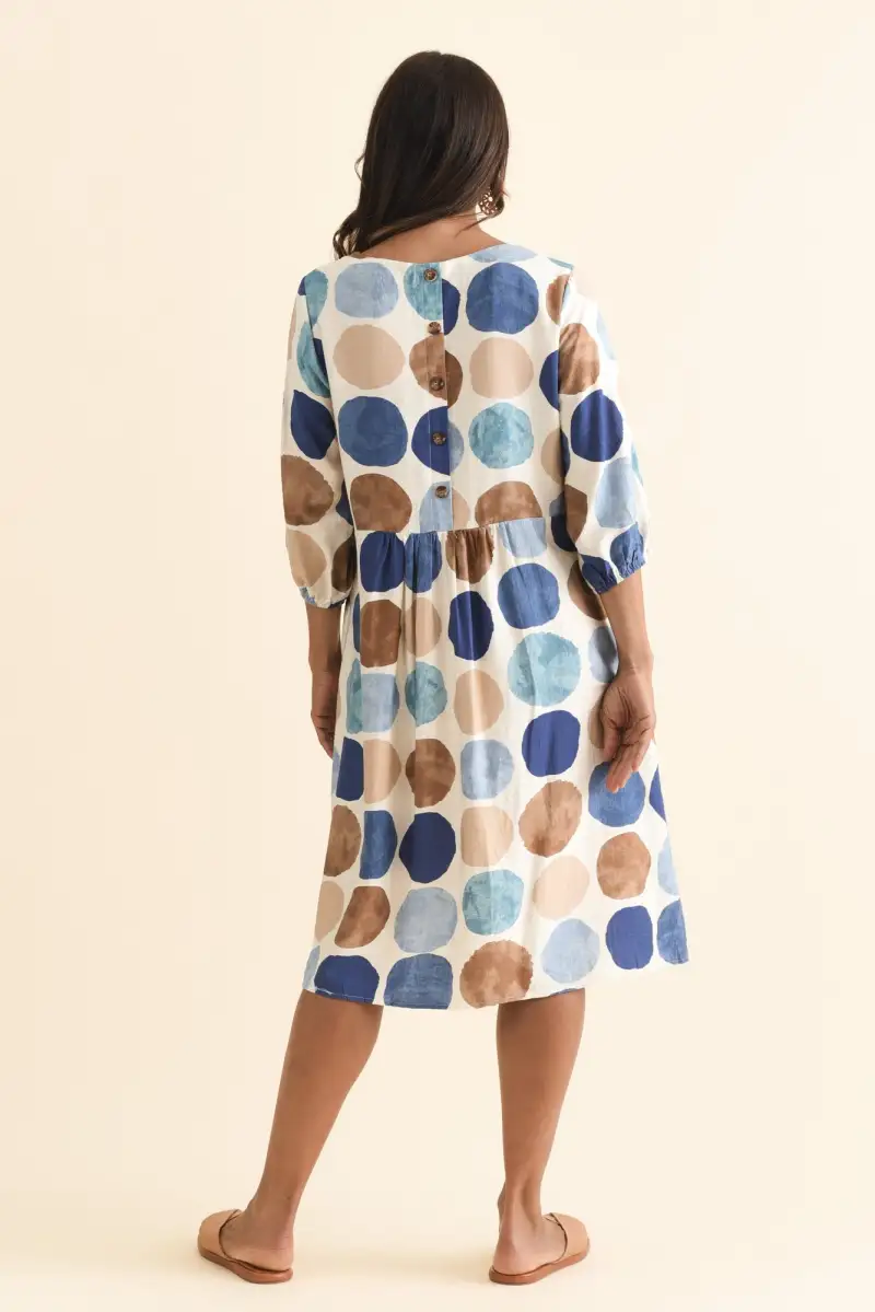 Knee-Length Spot-Print Cotton Gathered Pocket Round-Neck Half-Sleeve Dress