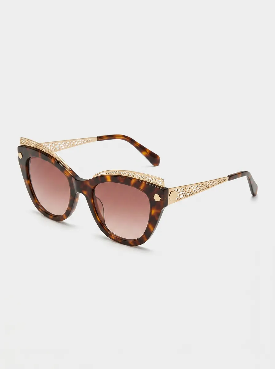 Women's Vintage Cat Eye Tortoiseshell Gold Filigree Printed Sunglasses