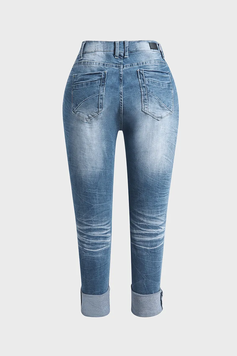 Distressed Roll Hem Zip Fly Low Waist Capris Jeans