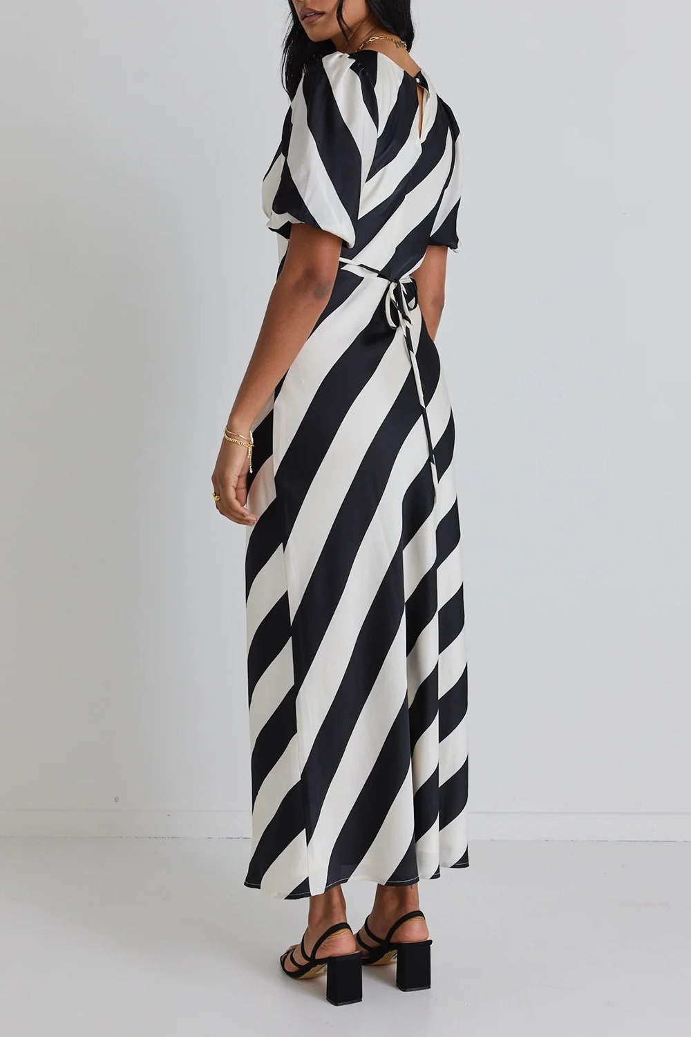 Striped V - Neck Short - Sleeve Maxi Dress