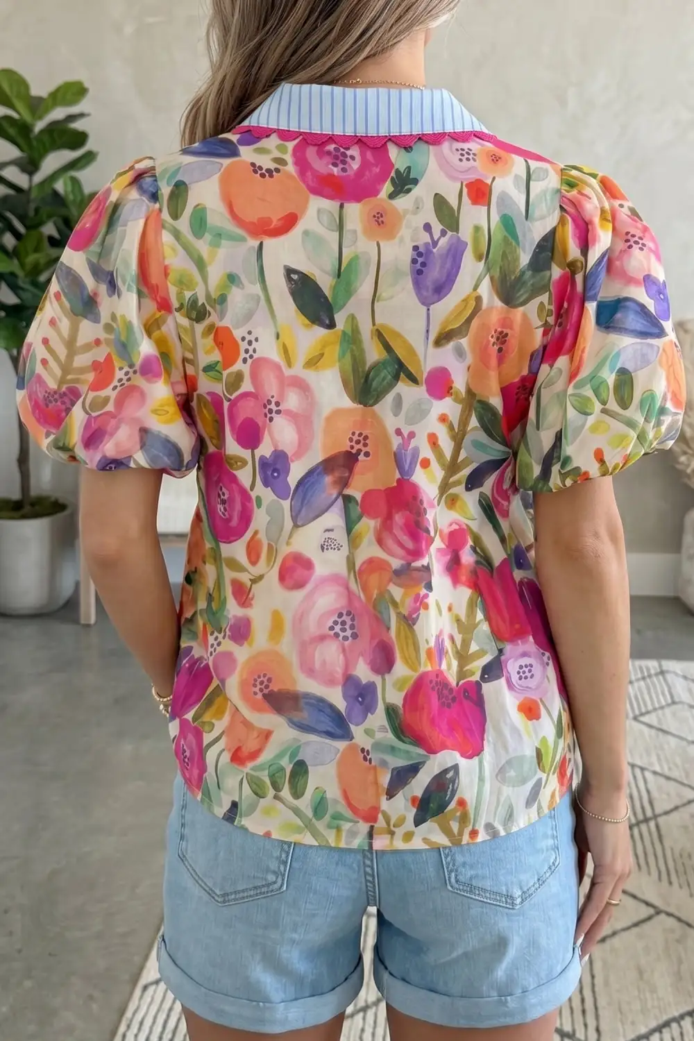 Women's Floral Print Cotton V Neck Top