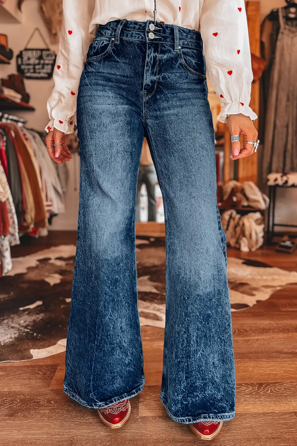 Women's Acid Wash Flare Jeans With Pocket Detail