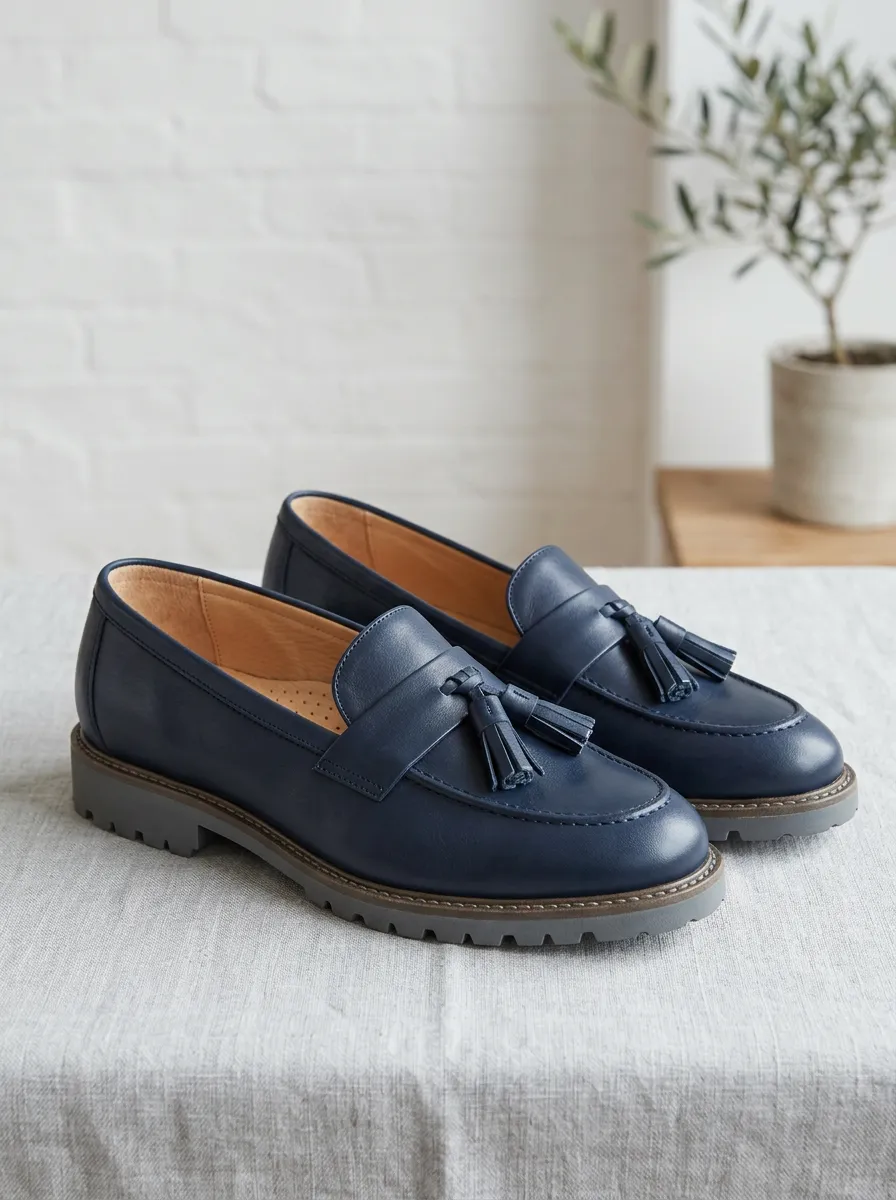 Unisex Navy Blue Tassel Leather Lug Sole Loafers