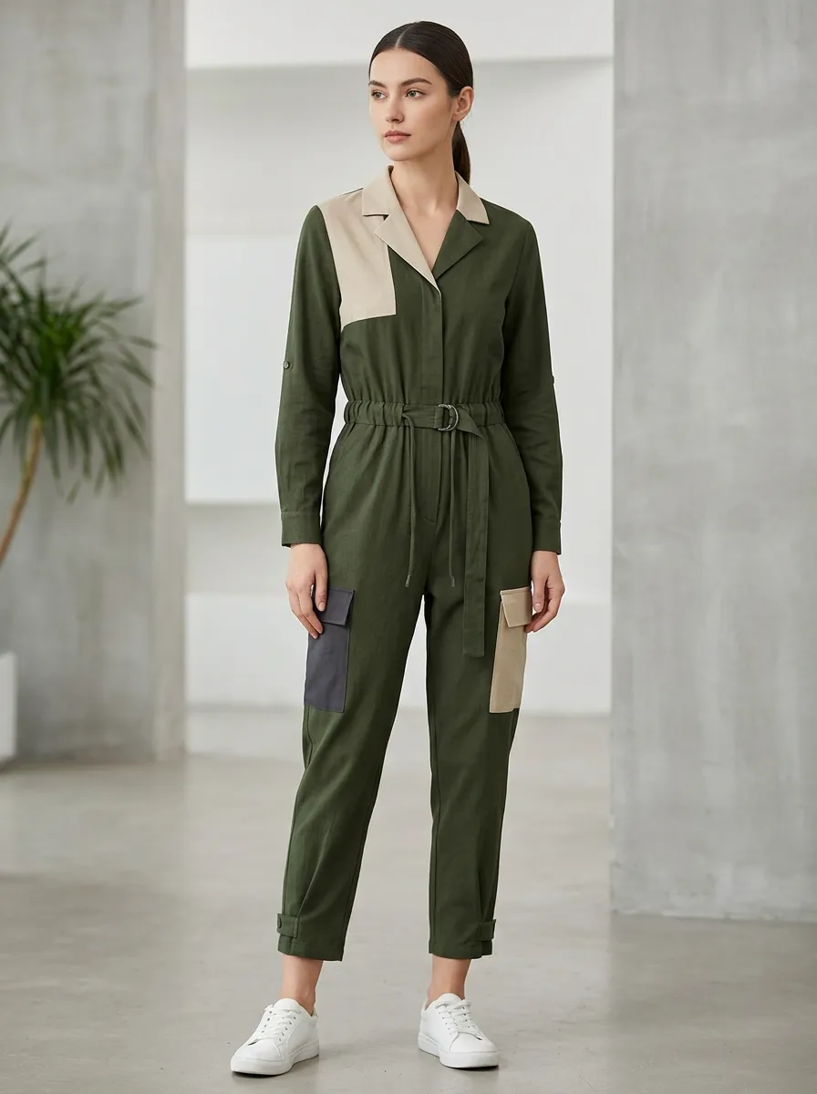 Women's Casual Utility Colorblock Patchwork Belted Jumpsuit
