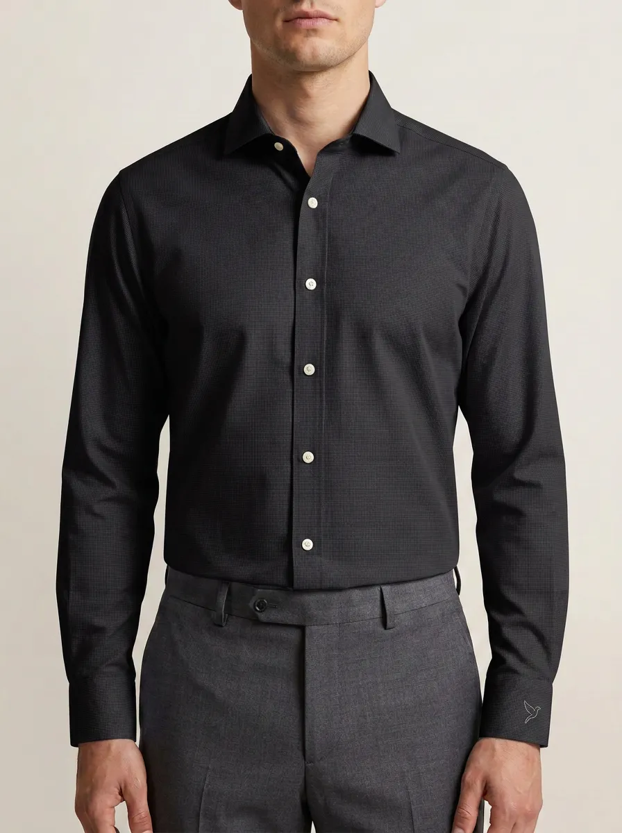 Men's Non-Iron Cotton Micro-Check Bird Embroidered Dress Shirt