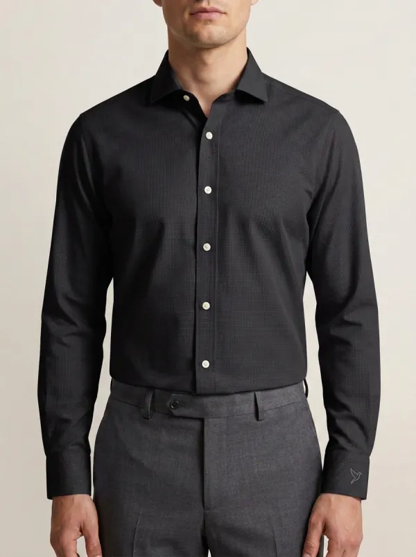 Men's Non-Iron Cotton Micro-Check Bird Embroidered Dress Shirt
