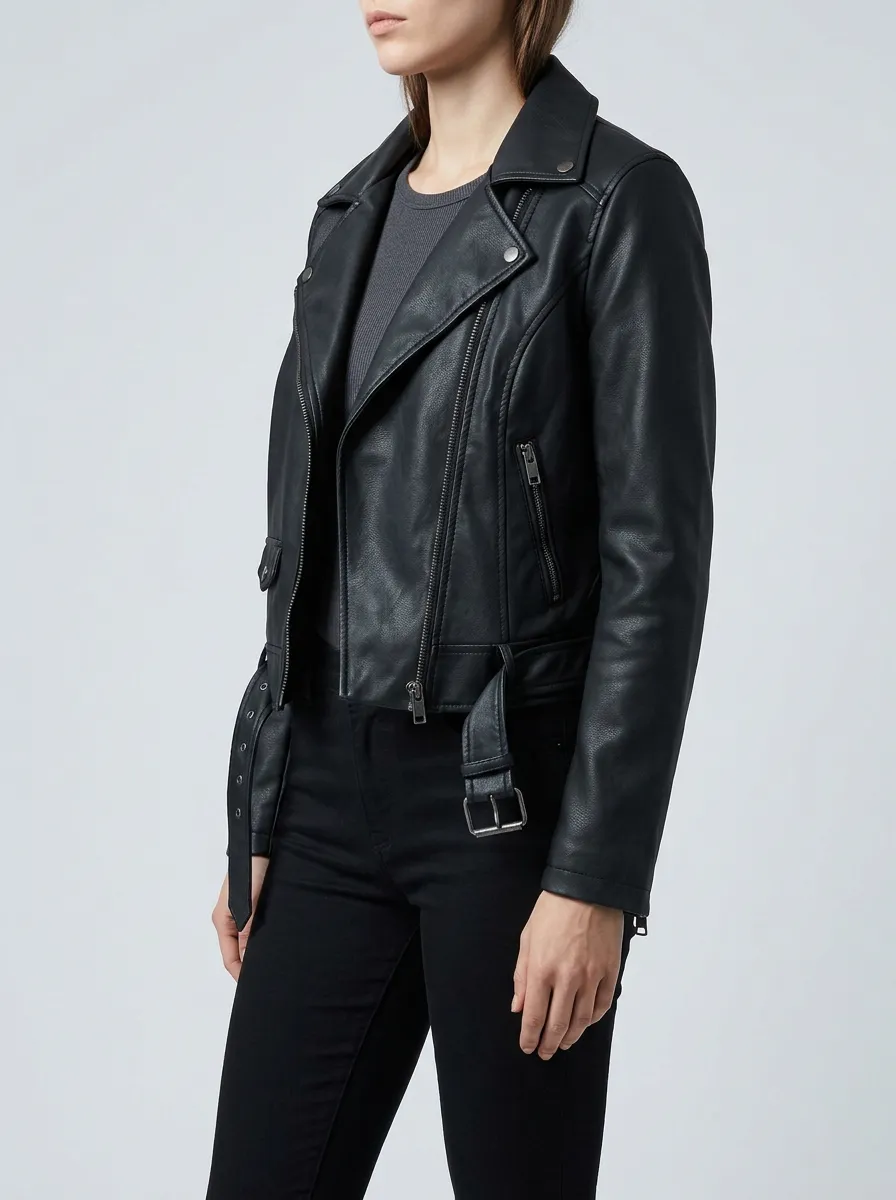 Women's Biker Black Faux Leather Moto Jacket