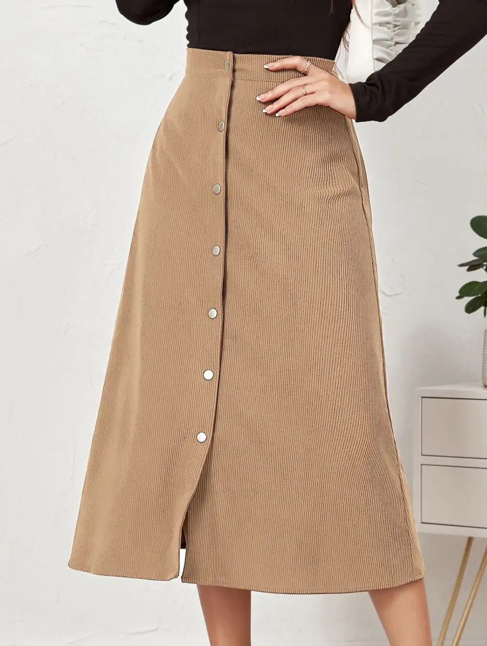 Corduroy Button Front Midi Skirt