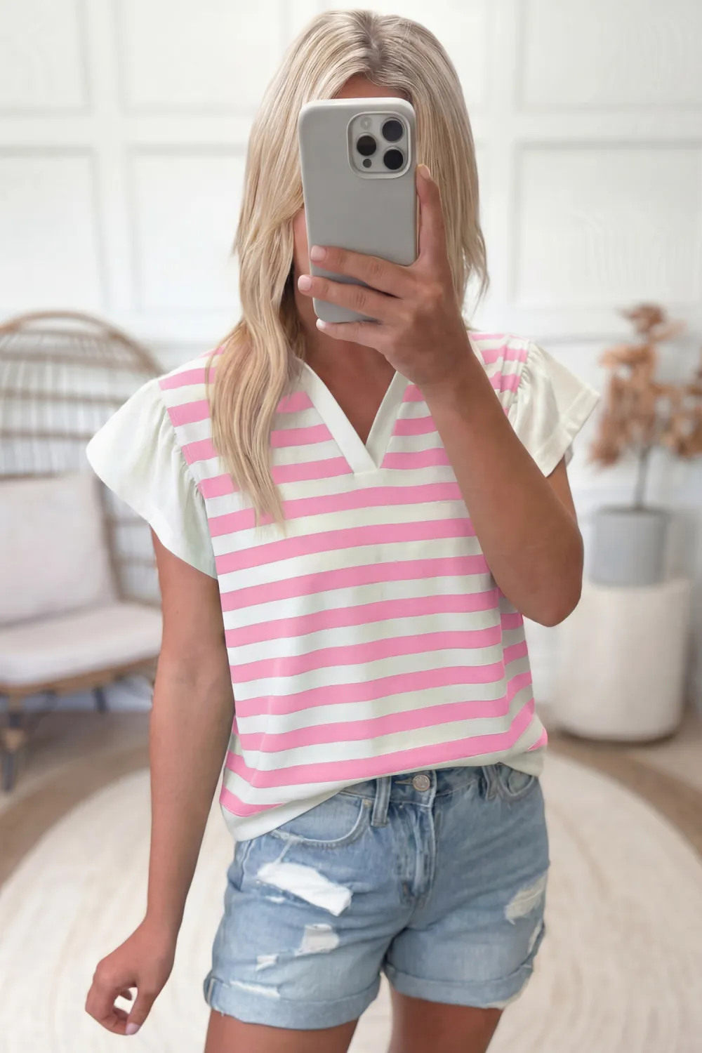 Pink Stripe Collar V Neck Blouse
