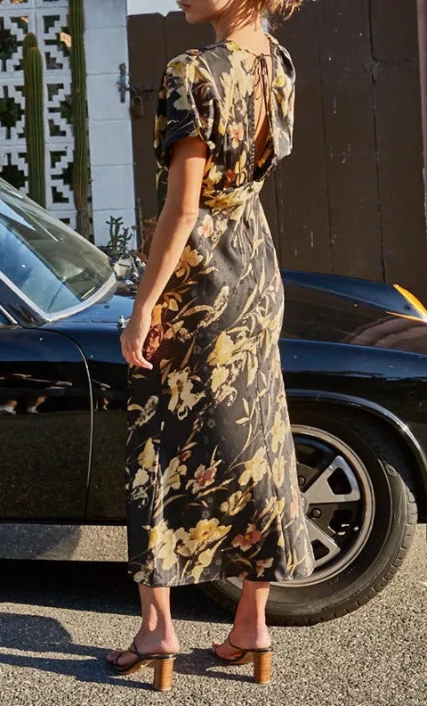 Gold Floral Print V Neck Maxi Dress