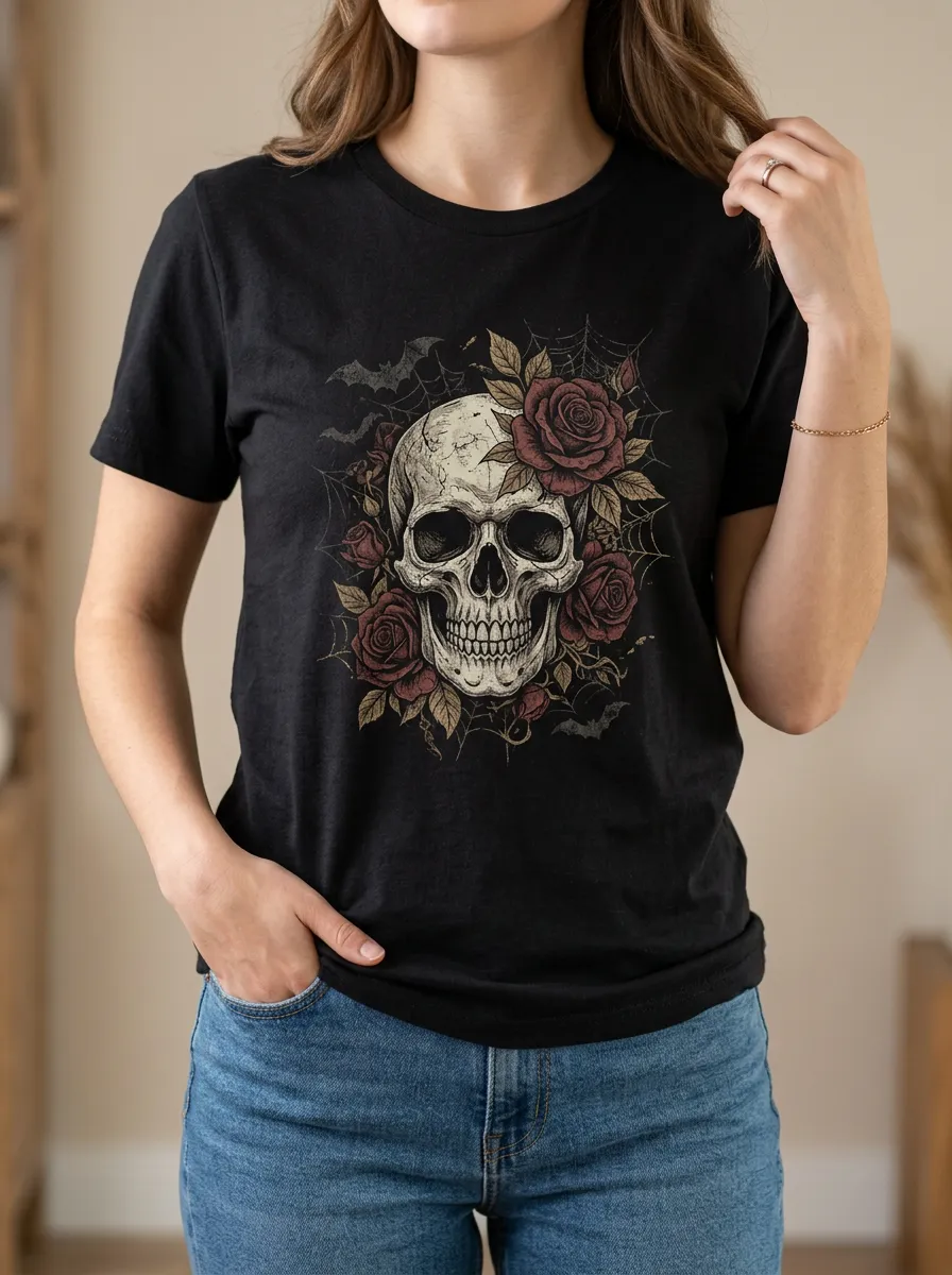 Women's Halloween Gothic Skull Rose Spiderweb Crew Neck Graphic T-Shirt