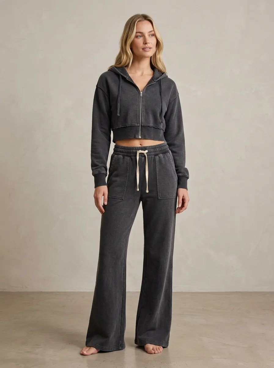 Women's Vintage Inspired Washed Vintage Inspired Sport Inspired Cropped Hooded Jacket and Flare Pants Active Set