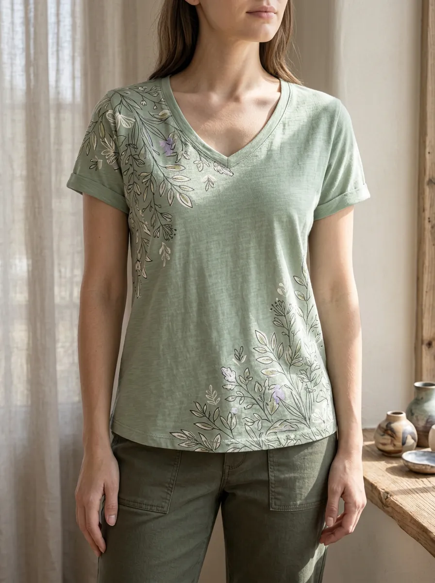 Women's Scenic Botanical Nature Lover Floral V-Neck T-Shirt