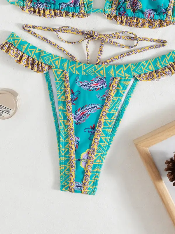 Ethnic Print Halter Neck Tie Bikini Swim Set