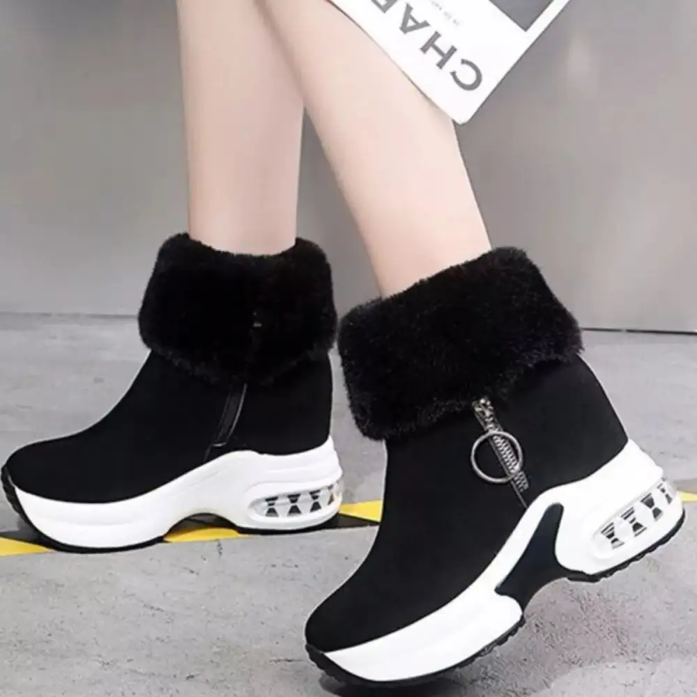 Fuzzy Side-Zip Platform Ankle Boots