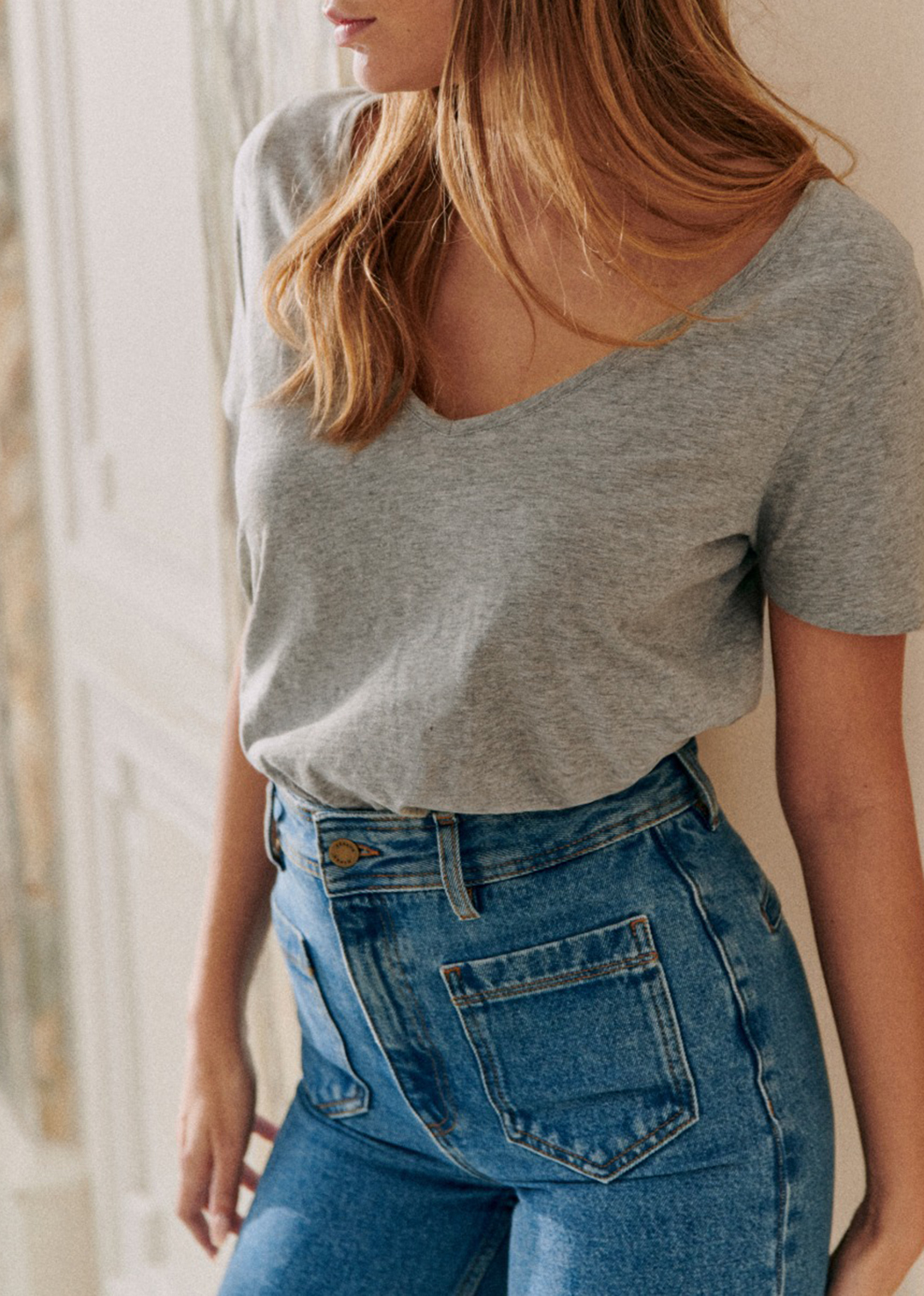 Short Cotton Solid Color V-neck T-shirt