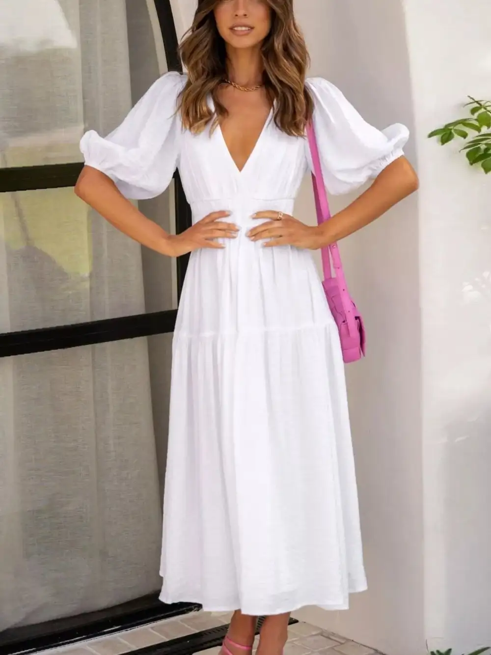 Everyday V-neck Puff Sleeve Midi Dress