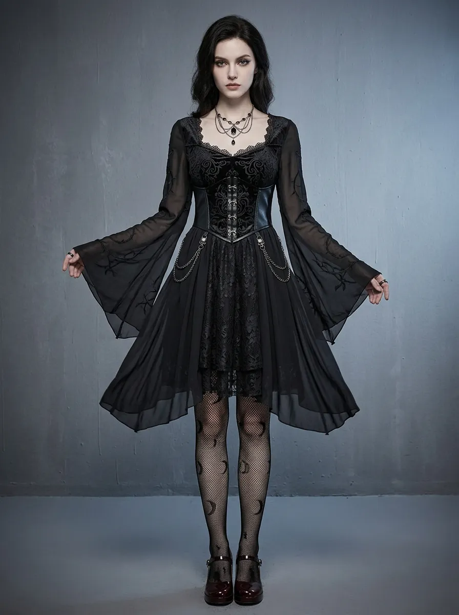 Women's Gothic Victorian Lace Chain Printed Mini Dress