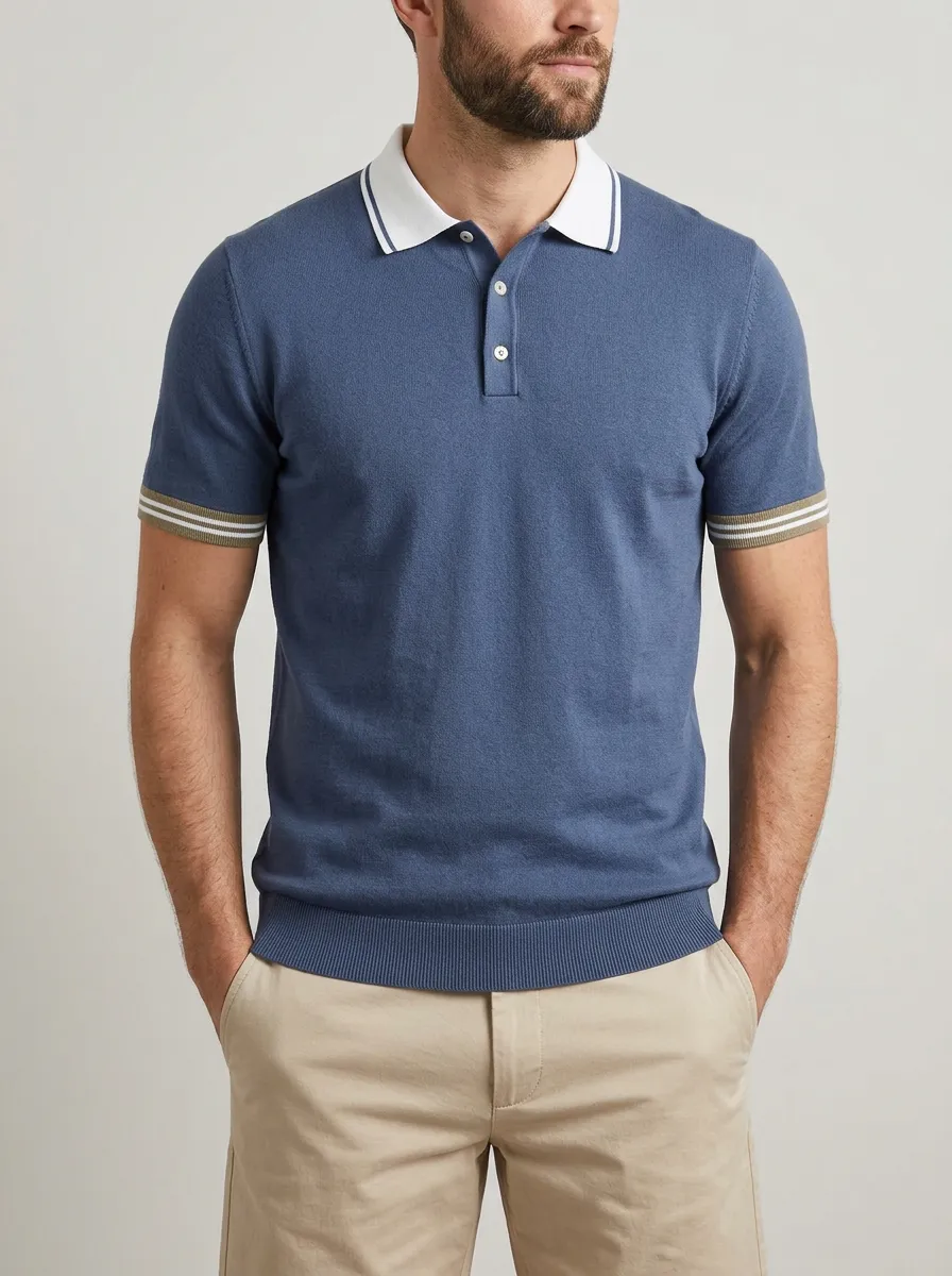 Men's Casual Blue Contrast Collar Striped Cuff Polo Shirt