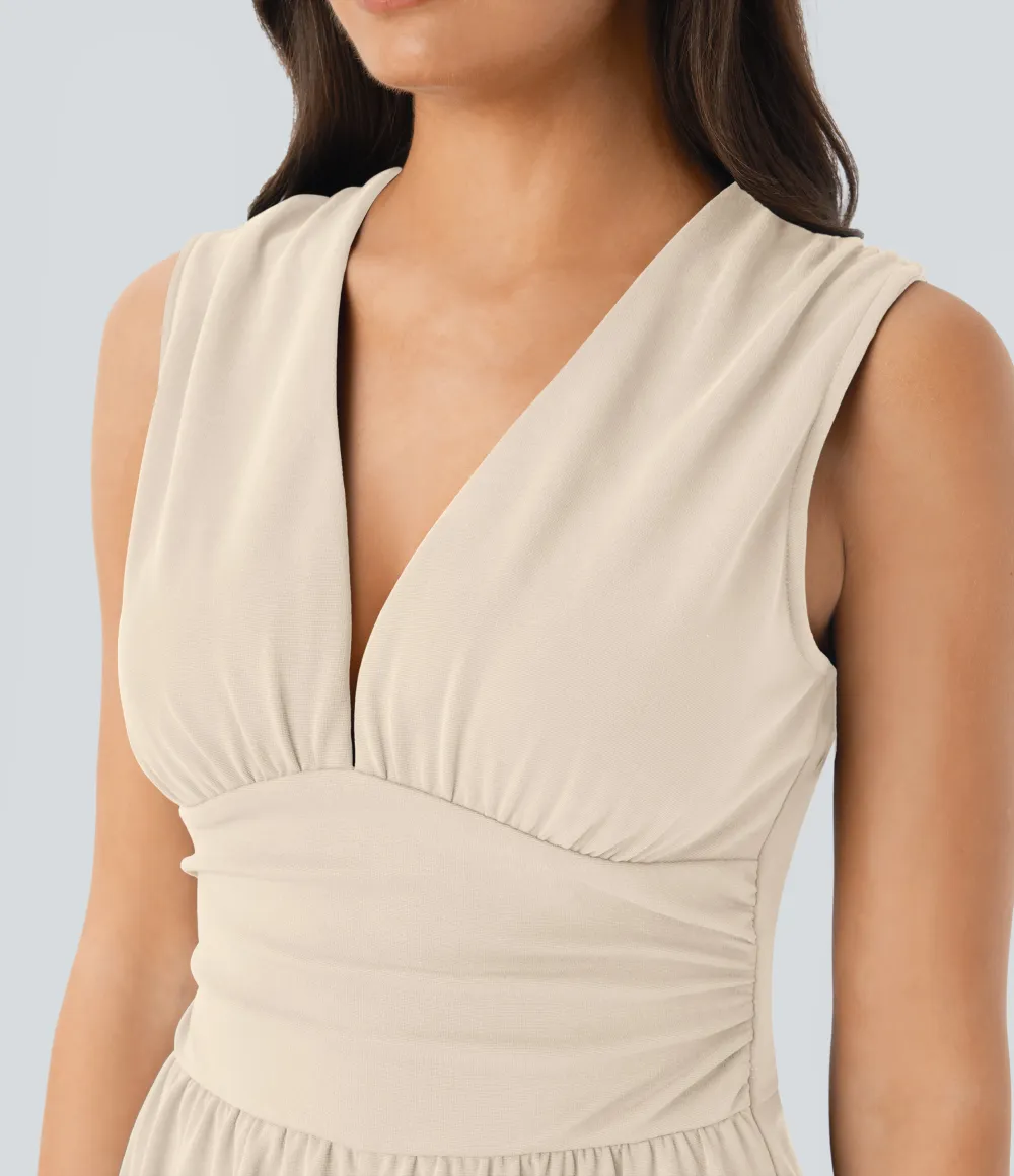 SculptKnit V Neck Sleeveless Ruched Pocket Jumpsuit-Easy Peezy