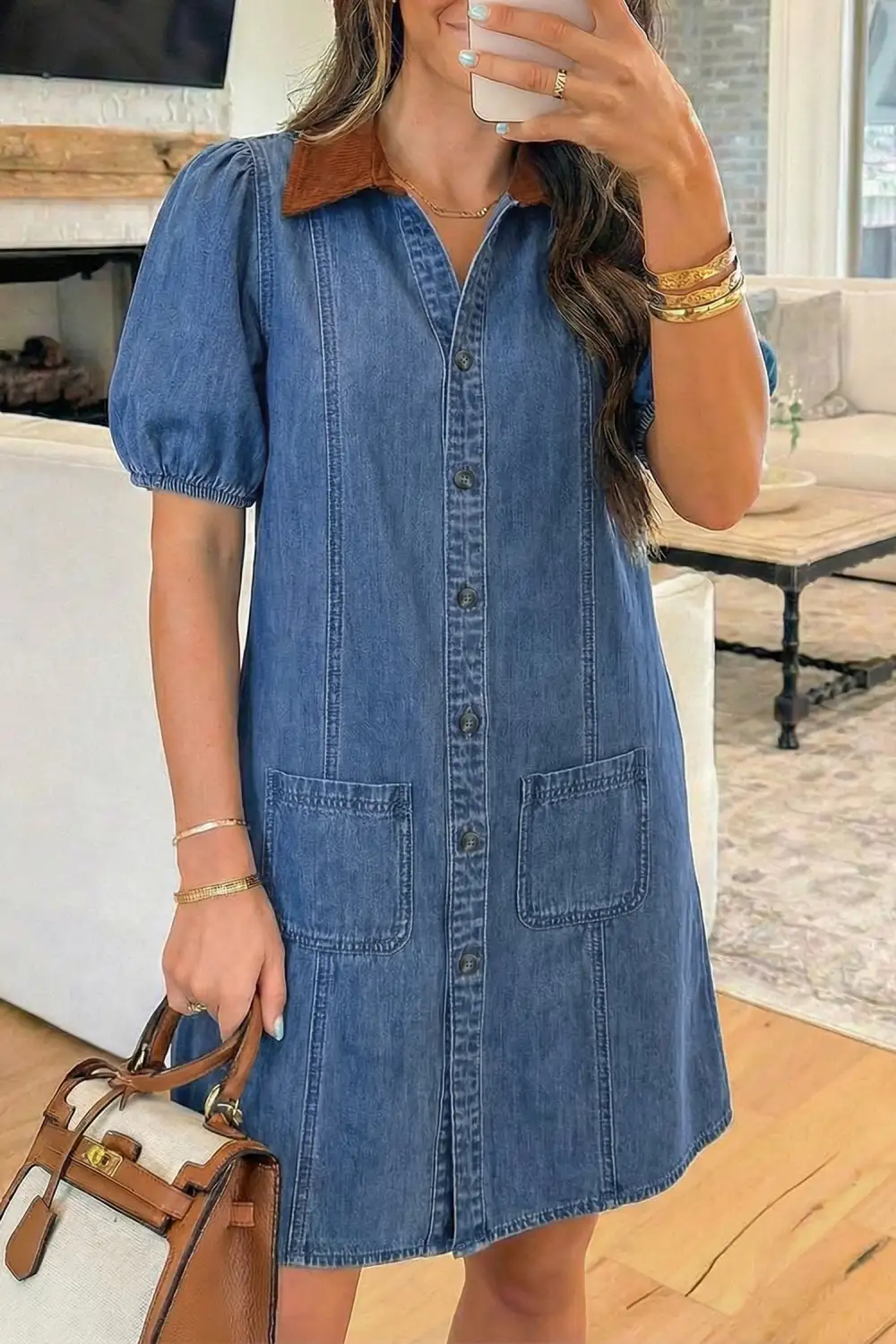 Patchwork Denim Puff Sleeve Mini Dress