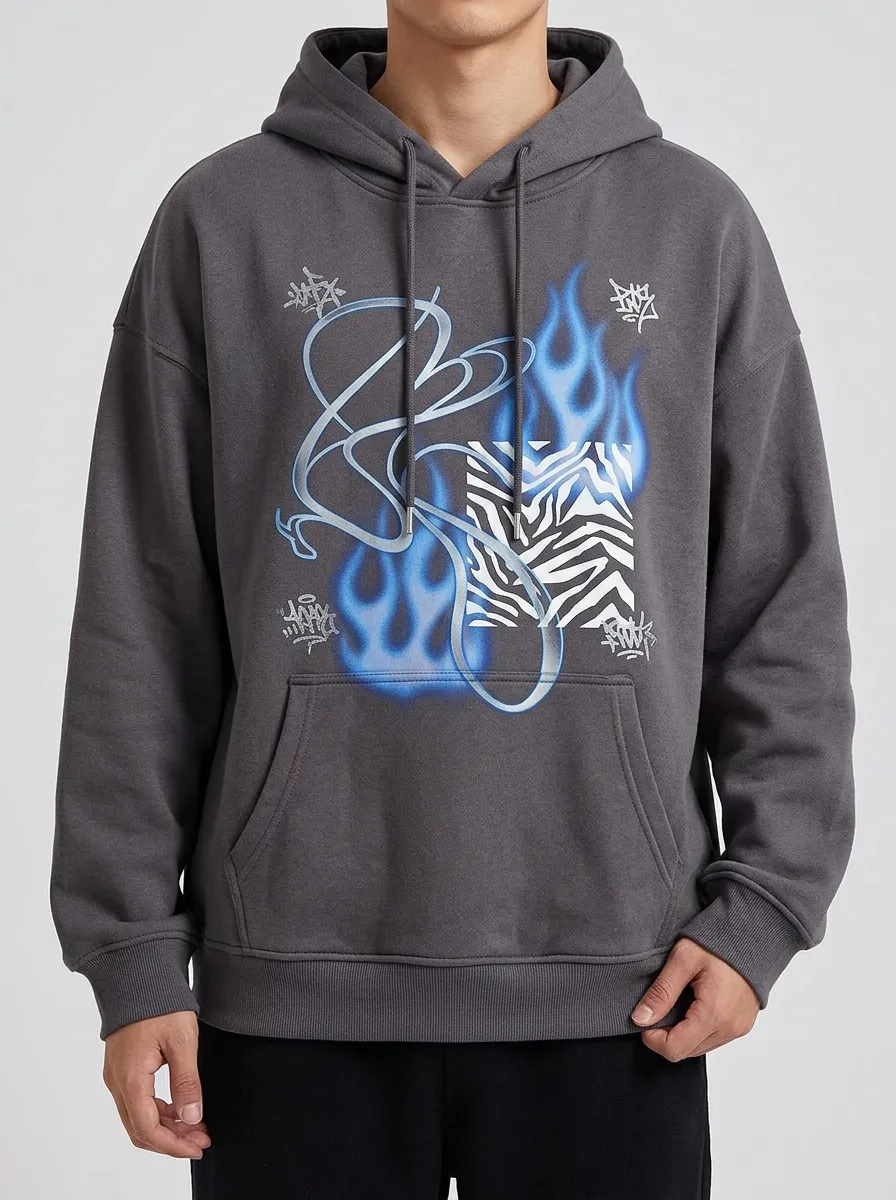Unisex Y2K Streetwear Blue Flame Zebra Hoodie