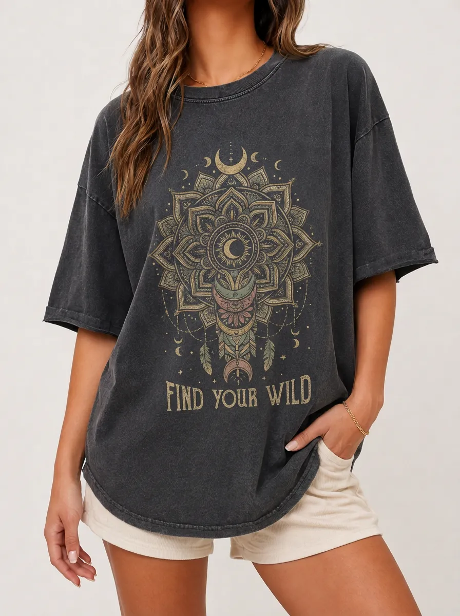 Women's Boho Mandala Moon Find Your Wild Printed T-shirt